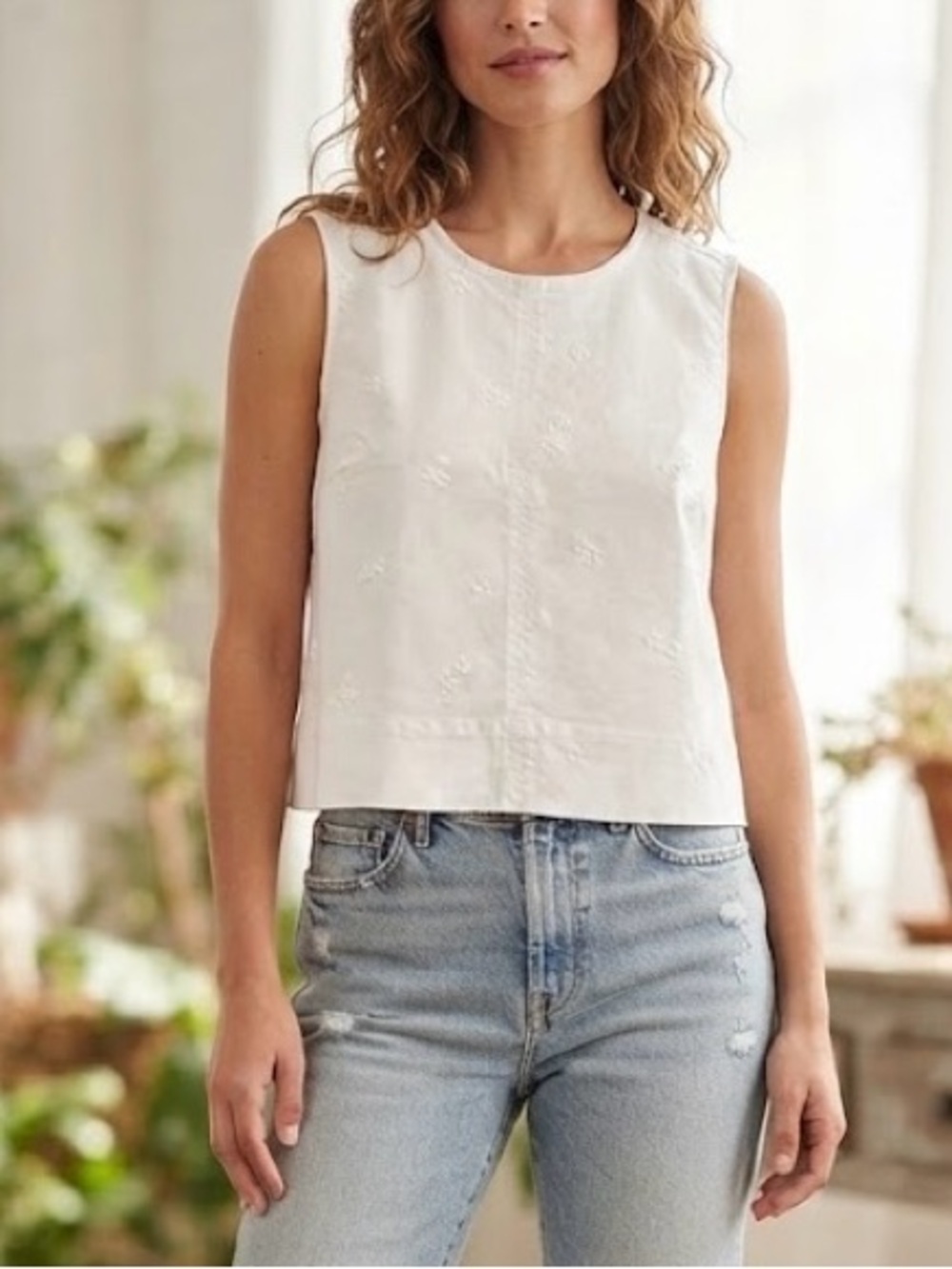 Habitual - Classic Sleeveless Embroidered Crop Top, white jeans fabric